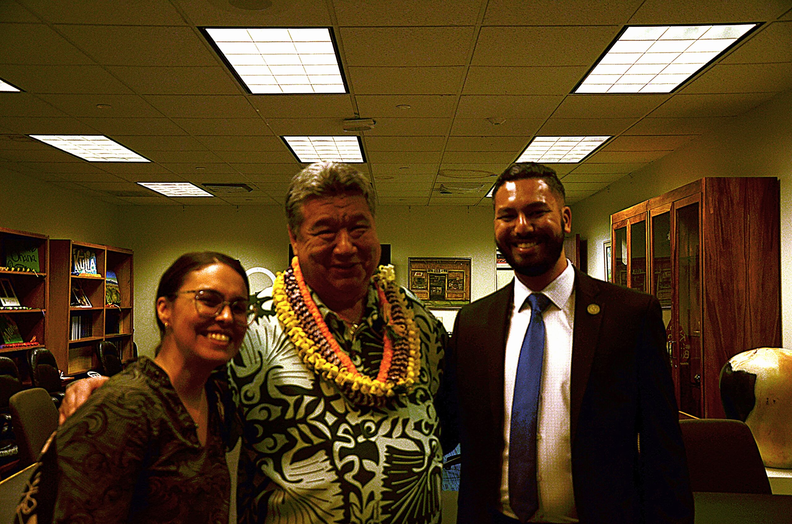 Legislative Attorney Megan Moniz (left) with Senate President Ronald D. Kouchi and Legislative Analyst Keone Hurdle (right).