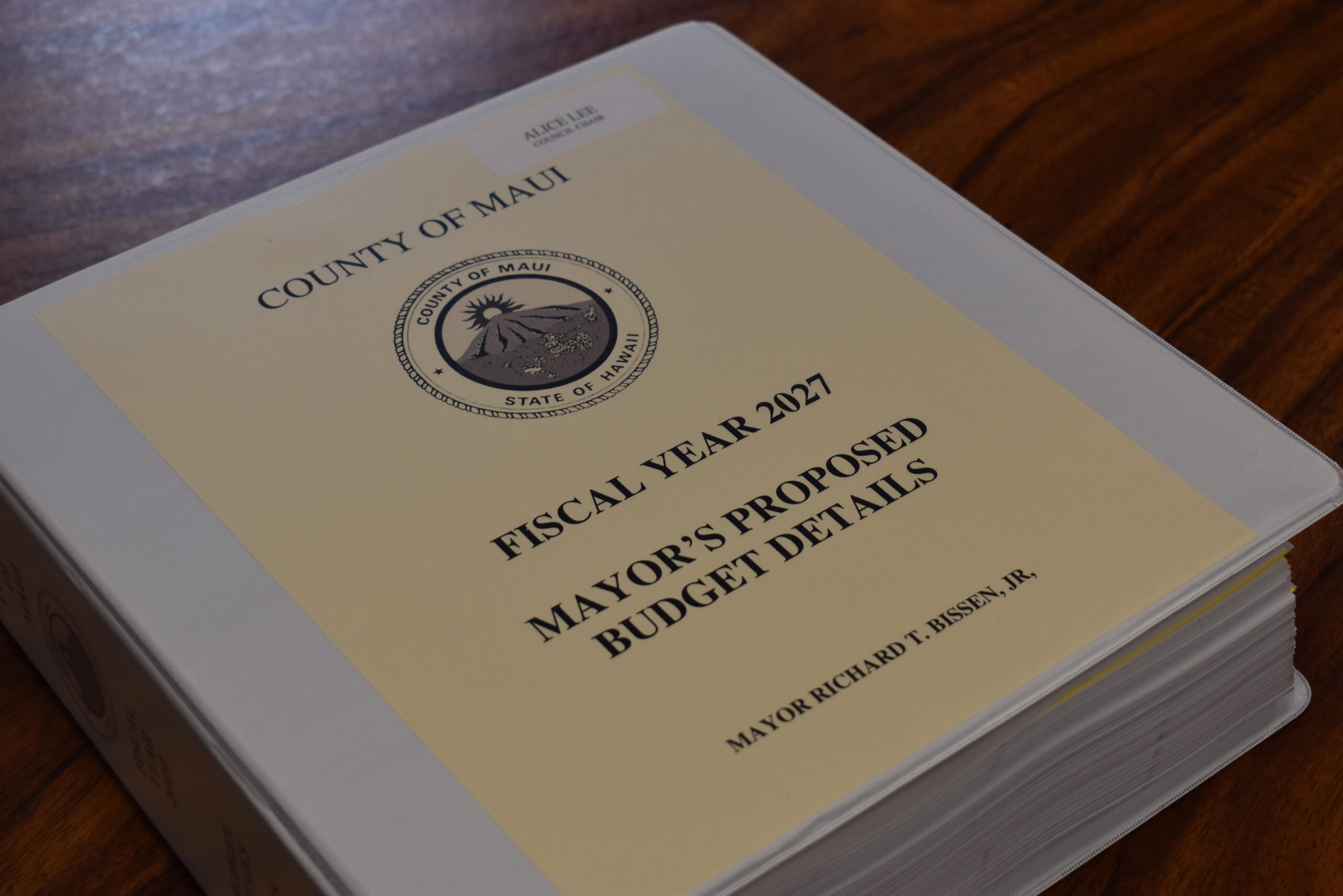 A binder containing the County of Maui Fiscal Year 2027 Mayorʻs Proposed Budget details.
