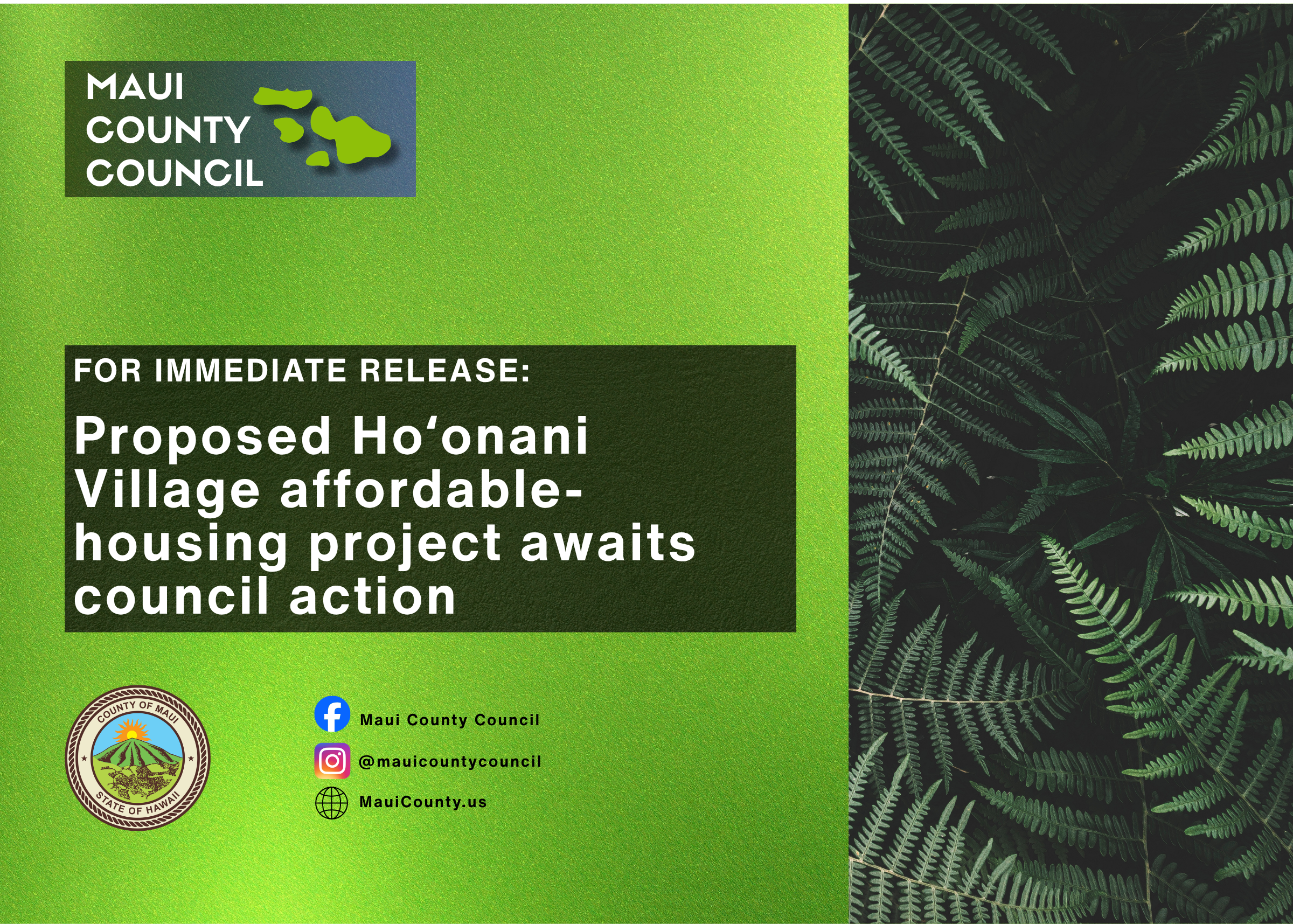 Green background with plants, county seal, county social media handles, and text that reads "For Immediate Release: Proposed Ho'onani Village affordable-housing project awaits council action."